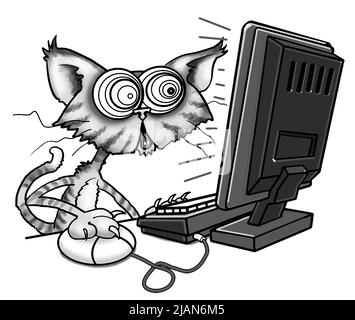 Lustige schwarz-weiße Cartoon-Kunst-Katze mit Computer, vielleicht einkaufen oder streamen, Haustiere in lustigen Situationen, wenn Katzen ihr eigenes Essen kaufen könnten, Haustier-Apps. Stockfoto