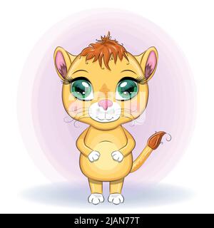 Cartoon-Löwin mit ausdrucksstarken Augen. Wilde Tiere, Charakter, kindisch niedlichen Stil Stock Vektor