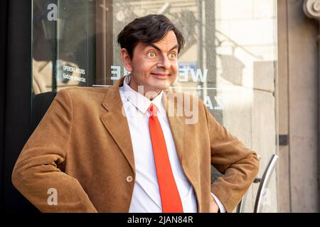 Mr. Bean, Rowan Atkinson Britische Sitcom Charakter Wachsstatue, Polonia Wachsmuseum, Krakau, Polen. Porträt, Nahaufnahme, berühmte Filmschauspieler Wachs stat Stockfoto