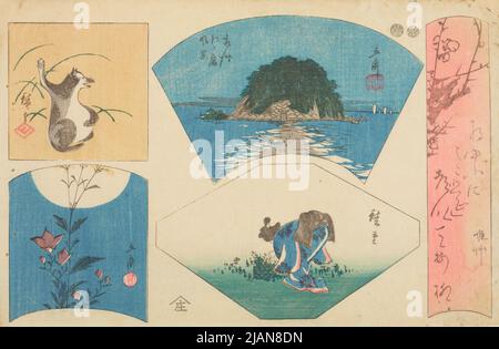 Fünf Szenen auf einem Brett Pflaumenbaum und ein Gedicht, Enoshima, Frau, tanuki, Kikyo und der Mond HIROSHIGE, Ichiryusai (1797 1858) Stockfoto