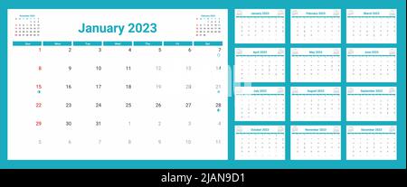 2023 Kalendervorlage mit Mondphasen. Die Woche beginnt am sonntag. Wandkalender im minimalistischen Stil. Monatlicher Cycle Planner. Horizontales Raster. Agenda oder Stock Vektor