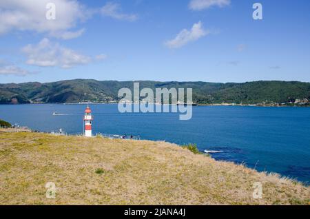 Landschaftsaufnahme des Flusses Valdivia aus Niebla, Los Rios, Chile Stockfoto