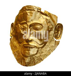 Die goldene Trauermaske von Agamemnon isoliert auf Weiß Stockfoto