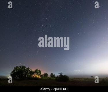 Komet Neowise C2020 F3, wie er im Sommerhimmel über einer Wiese in der Nähe der Landstraße, Region Lviv, Ukraine fliegt. Stockfoto