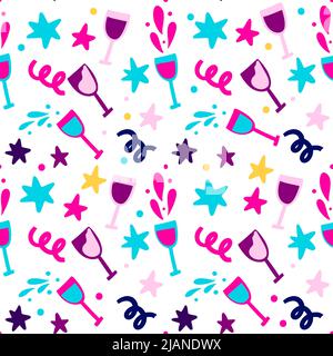 Farbenfrohes Party-Cocktail-Nahtloses Muster. Vektorgrafik „Weingetränk 80s“ Stock Vektor