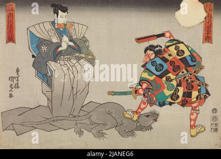 Die Schauspieler Ichikawa Danjuro VIII. In der Rolle des Helden des Arajishi-Clans und Ichikawa Ebizo in der Rolle des Nikidanjo im Drama Sendai Hagi Kunisada, UTAGAWA (1786 1864) Stockfoto