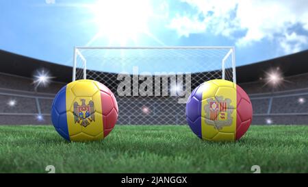 Zwei Fußballbälle in Flaggen-Farben auf Stadion verschwommener Hintergrund. Moldawien und Andorra. 3D Bild Stockfoto