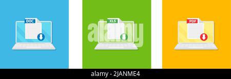 Satz des Dateityps. Download Format und Erweiterung von Dokumenten. PDF, DOC UND XLS. Illustrationsvektor EPS 10 Stock Vektor