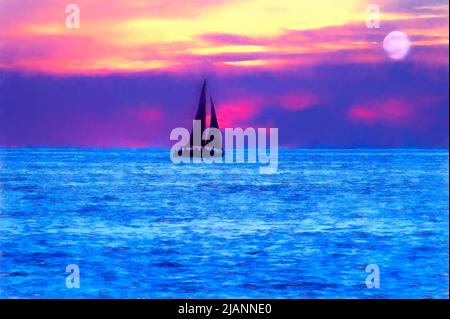 Ein Segelboot segeln nachts am Ozean entlang mit Einem Vollmond-Aufgang im Illustrationsmalformat