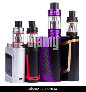 Vaping Gerät, elektronische Zigarette, Nikotin frei vape auf weißem Hintergrund. Dampf box mod Tank mit vaping Flüssigkeit. Rauch sucht beenden Stockfoto