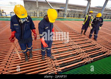 Blei-Platten, die als riesige Anoden in einer Elektrogewinnungsanlage in der Kansanshi Kupfermine in Sambia gestapelt sind. Stockfoto