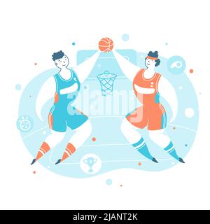 Professionelle Basketball-Meisterschaft Spiel flache Vektor-Illustration. Gegenüber Teamspielern, Sportler in Uniform konkurrierenden Comic-Figuren. Lächelnd Stock Vektor