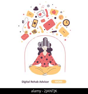 Gadgets Detox Programm Konzept flache Vektor-Illustration. Frau meditiert sitzend in Lotuspose Cartoon-Figur. Trendige stresslindernde Praxis. Di Stock Vektor