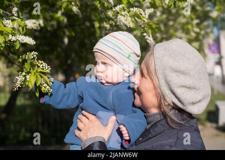 Ältere Großmutter, die ein 9 Monate altes Baby in den Armen hält und auf der Straße in der Nähe eines blühenden Baumes steht. Stockfoto