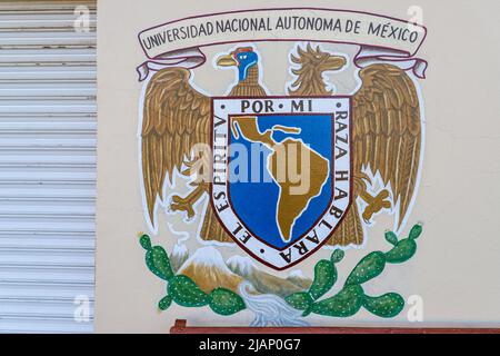 Wappen der UNAM, Universität. Nationale Autonome von Mexiko, Schilde, Logos im Paläontologischen Museum in Fronteras, Mexiko. Fronteras Stadt im Bundesstaat Sonora Mexiko. . (© Foto Luis Gutierrez von NortePhoto.com) Escudo de la UNAM, Universidad. Nacional Autonoma de Mexico, Schilde , logotipos en el Museo Paleontológico en Fronteras, Mexiko. Pueblo Fronteras en el estado de Sonora Mexiko. . (© Foto Luis Gutierrez von NortePhoto.com) Stockfoto