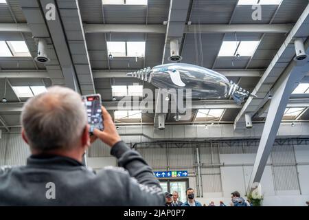 Mechanische fliegende Objekte, gefüllt mit Helium, gesteuert durch Feinmechanik, Bewegungen von Tieren kopiert, Vögel, Fische, Bionik angewendet, um zu illustrieren Stockfoto