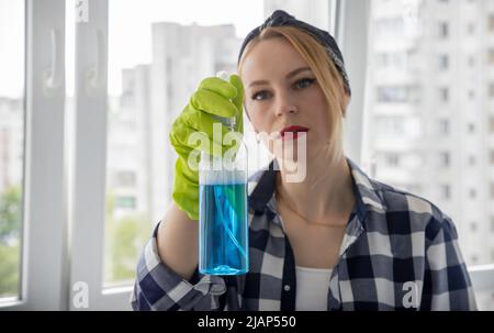 Portrait einer hübschen Dame in Gummihandschuhen, die das Fenster mit Waschmittel putzt. Eine schöne Hausfrau hält Ordnung in ihrem Haus. Stockfoto