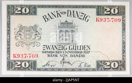 Banknote für 20 Gulden, Freie Stadt Gdańsk (1922–1939), Bank Gdański (Bank von Danzig), 1.11.1937 Bradbury Wilkinson & Co Ld.New Malden Surrey Stockfoto