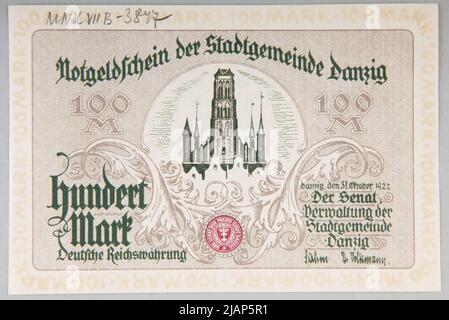 Gutschein für 100 Marken, freie Stadt Gdańsk (1922–1939), Senat, 31.10.1922 Stadtgemeinde Danzig Stockfoto