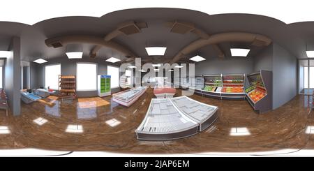 Sphärisches Panorama-Rendering des Geschäfts, Innenvisualisierung, 3D-Illustration Stockfoto