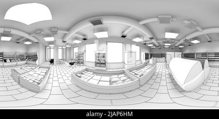 Sphärisches Panorama-Rendering des Geschäfts, Innenvisualisierung, 3D-Illustration Stockfoto