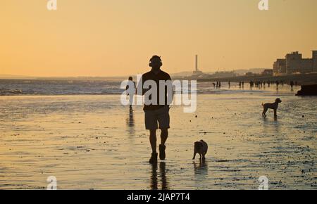 Silhouetten von Menschen am Strand bei Ebbe, Brighton & Hove, East Sussex, England, Großbritannien. Mann, der Hund läuft. Stockfoto