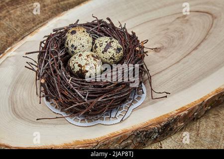 Wachteleier in einem Nest aus Ästen auf einem natürlichen Holzständer. Osterkonzept Stockfoto