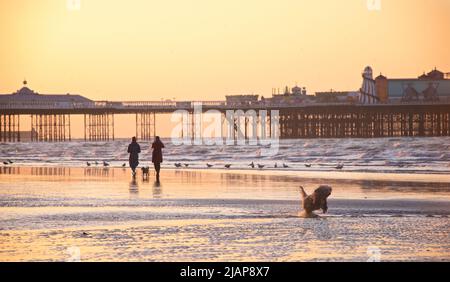 Dämmerung Silhouetten von Menschen am Strand bei Ebbe, Brighton & Hove, East Sussex, England, Großbritannien. Morgenspaziergang mit Hund am Strand. Brighton Palace Pier im Hintergrund. Stockfoto