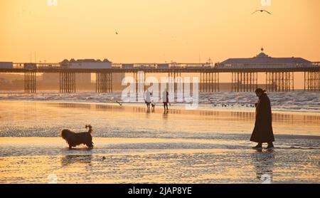 Dämmerung Silhouetten von Menschen am Strand bei Ebbe, Brighton & Hove, East Sussex, England, Großbritannien. Morgenspaziergang mit Hund am Strand. Brighton Palace Pier im Hintergrund. Stockfoto