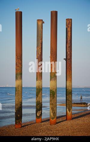 Vier vertikale Eisensäulen erheben sich vom Strand an der Stelle des historischen West Pier-Gebäudes, das nach seiner Schließung im Jahr 1975 verfiel und verloren ging. Gezeiten Niedrig. Brighton, East Sussex, England, Großbritannien. Worthing am fernen Horizont. Stockfoto