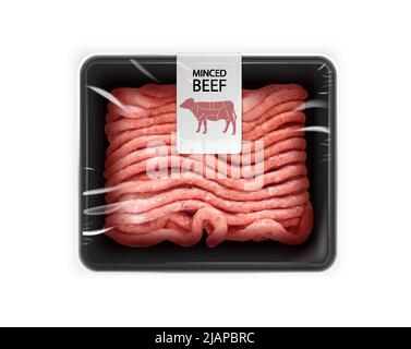 Rohe Hackfleischverpackungen in Kunststoff-Serviertablett mit Markierung Hackfleisch realistische Mockup Vektor-Illustration Stock Vektor