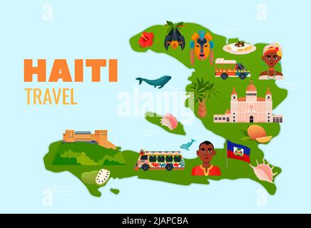 Haiti-Reiseposter mit flachen haitianischen Kultursymbolen auf Kartenvektorillustration Stock Vektor