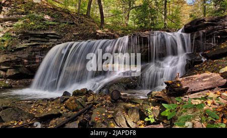 Lower Tew's Falls. Lower Tews Falls liegt am LogieÕs Creek im Spencer Watershed, etwa 200m flussabwärts von Tews Falls. Es handelt sich um einen Doppelvorhang mit einer Höhe von fast 4m Metern und einer Breite von 7 Metern. Hamilton, Ontario, Kanada Stockfoto