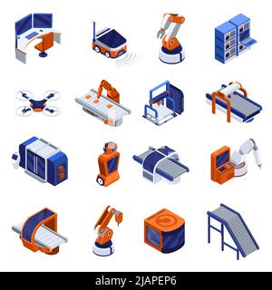 Intelligente isometrische Symbole für die Industrie, die mit isolierten Vektorgrafiken für Technologiesymbole versehen sind Stock Vektor
