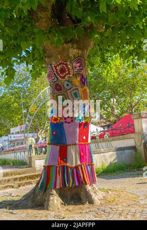 Baumstamm mit gestricktem bunten Cover Stockfoto