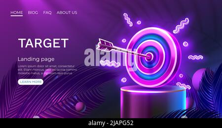 Ziel Neon Landing Page, Banner Business 3d-Symbol. Vektorgrafik Stock Vektor