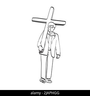 Linie Kunst in voller Länge Geschäftsmann hält Christian Holzkreuz Illustration Vektor Hand gezeichnet isoliert auf weißem Hintergrund Stock Vektor