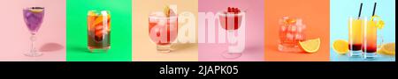 Collage mit vielen leckeren Cocktails auf buntem Hintergrund Stockfoto