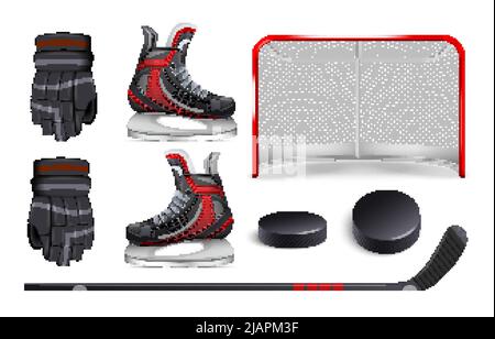 Realistische Hockey Set mit Ziel Schlittschuhe Handschuhe Pucks Stick isoliert auf weißem Hintergrund Vektor-Illustration Stock Vektor