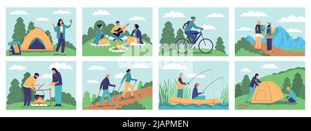 Wandern Farbkompositionen mit Menschen gesetzt gehen Camping Kochen Lebensmittel auf Lagerfeuer Angeln von Boot isoliert Vektor-Illustration Stock Vektor