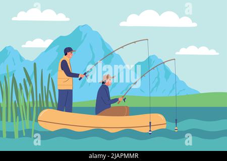 Angeln flache Farbe Hintergrund mit zwei Fischern in aufblasbaren Boot hält Fischerei Tackles für den Fang Flussfisch Vektor-Illustration Stock Vektor