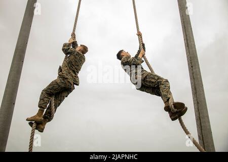 Camp Kinser, Okinawa, Japan. 13.. Mai 2022. U.S. Marines with Combat Logistics Regiment 37, 3. Marine Logistics Group, tritt bei einem Hindernislauf-Staffellauf bei einem Feldtreffen auf Camp Kinser, Okinawa, Japan, am 13. Mai 2022 an. Marines aus allen CLR-37 konkurrierten in einem wettbewerbsorientierten Feld treffen, um die Moral zu erhöhen und Esprit de Corps zu fördern. 3. MLG mit Sitz in Okinawa, Japan, ist eine nach vorne eingesetzte Kampfeinheit, die als III Marine Expeditionary Forces umfassende Logistik- und Kampfdienstunterstützung für Operationen im gesamten Indo-Pazifik-Verantwortungsbereich dient. (Bild: Stockfoto