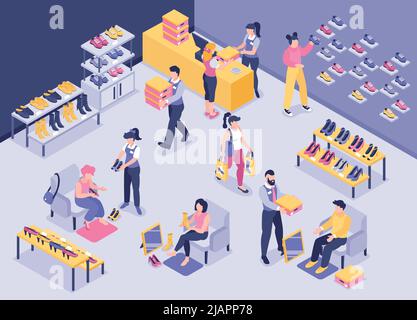 Die Verkaufsberater für isometrische Schuhe in der Ladenzusammensetzung dienen den Kunden und helfen ihnen, Schuhe in der Vektordarstellung des Stores auszuprobieren Stock Vektor