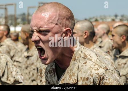 Kalifornien, USA. 25.. Mai 2022. Der Rekrut des U.S. Marine Corps Gabriel Campbell, mit Hotel Company, 2. Rekrut Training Bataillon, schreit während der Durchführung von Aufwärmübungen während einer Klasse des Marine Corps Martial Arts Program (MCMAP) im Marine Corps Recruit Depot, San Diego, 25. Mai 2022. Das MCMAP-Gurtsystem umfasst einen Bausteinansatz, wobei die Schwierigkeit der Techniken schrittweise erhöht und die Fähigkeiten und Führungsfähigkeiten der einzelnen Marine verbessert werden. Campbell wurde aus West Valley City, Utah, mit der Rekrutierungsstation Salt Lake City rekrutiert. (Kredit Stockfoto