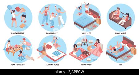 Isometrische Pyjama Party Sleepover runde Kompositionen mit Freunden in Pyjamas tun lustige Aktivitäten zu Hause gesetzt 3D isolierte Vektor-Illustration Stock Vektor