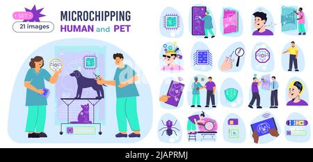 Mikrochip-Kompositionen Satz von flachen isolierten Symbolen mit Computer-Schaltung Spyware Schutz Menschen und Haustiere Vektor Illustration Stock Vektor