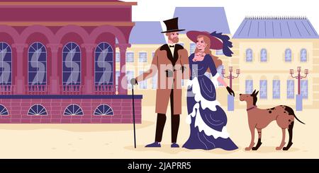 Viktorianische flache Illustration mit Dame und Gentleman in Kleidung des 18.. Jahrhunderts an alten Stadtgebäuden Hintergrund Vektor-Illustration gekleidet Stock Vektor