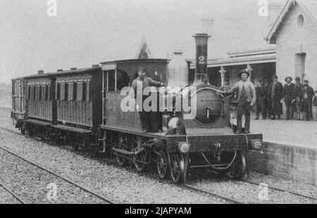 South Australian Railways (First) Lokomotive der F-Klasse Nr. 21 am Bahnhof Nairne, 1884 Stockfoto