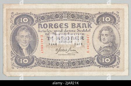 Banknote zu 10 Kronen; Norwegens Bank, Norwegen, 1944 Stockfoto