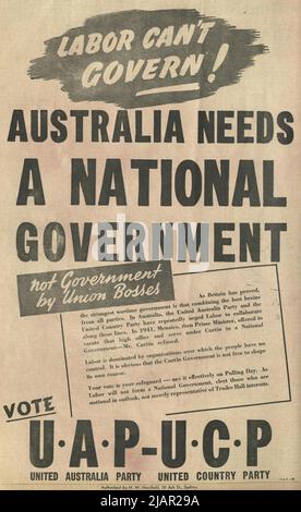 Anzeige für die United Australia Party und die United Country Party bei den australischen Bundestagswahlen 1943 Stockfoto